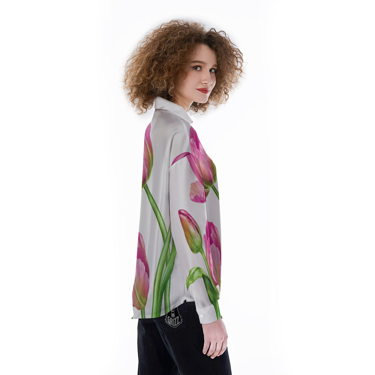 Tulip Flower Pink Watercolor Print Women's Long Sleeve Shirts-grizzshop