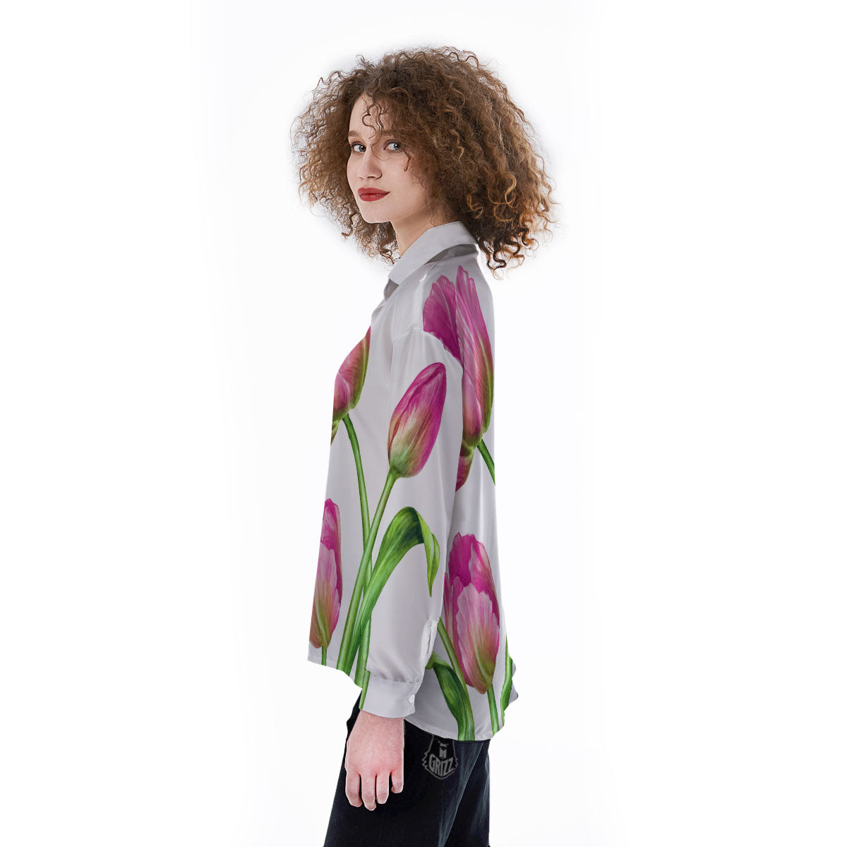 Tulip Flower Pink Watercolor Print Women's Long Sleeve Shirts-grizzshop