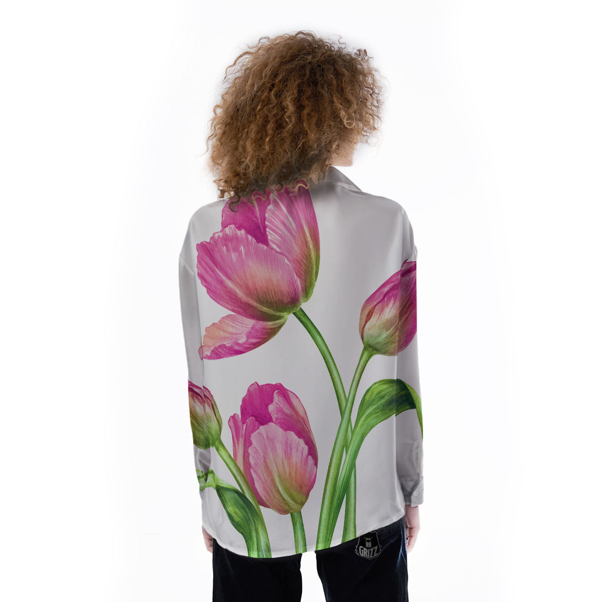 Tulip Flower Pink Watercolor Print Women's Long Sleeve Shirts-grizzshop