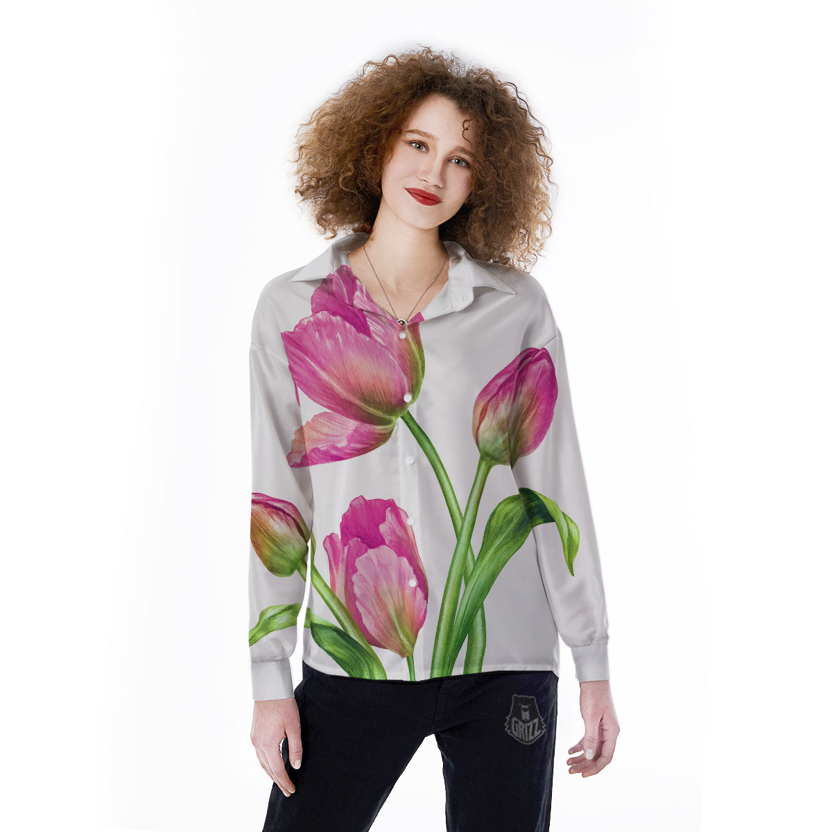 Tulip Flower Pink Watercolor Print Women's Long Sleeve Shirts-grizzshop