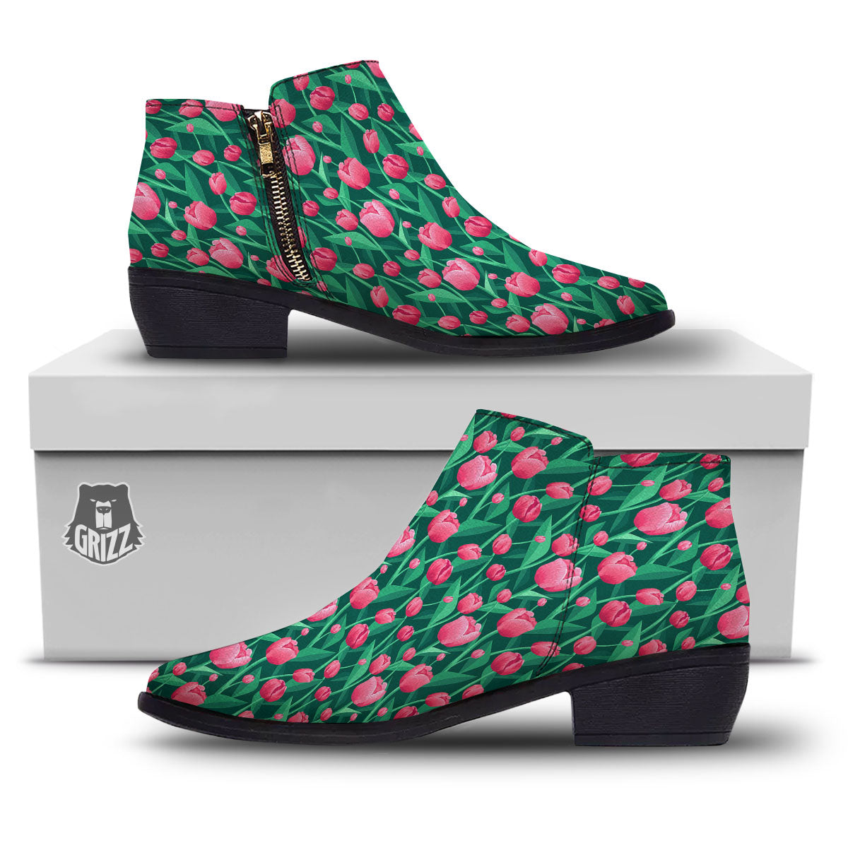 Tulip Pink Print Pattern Ankle Boots-grizzshop