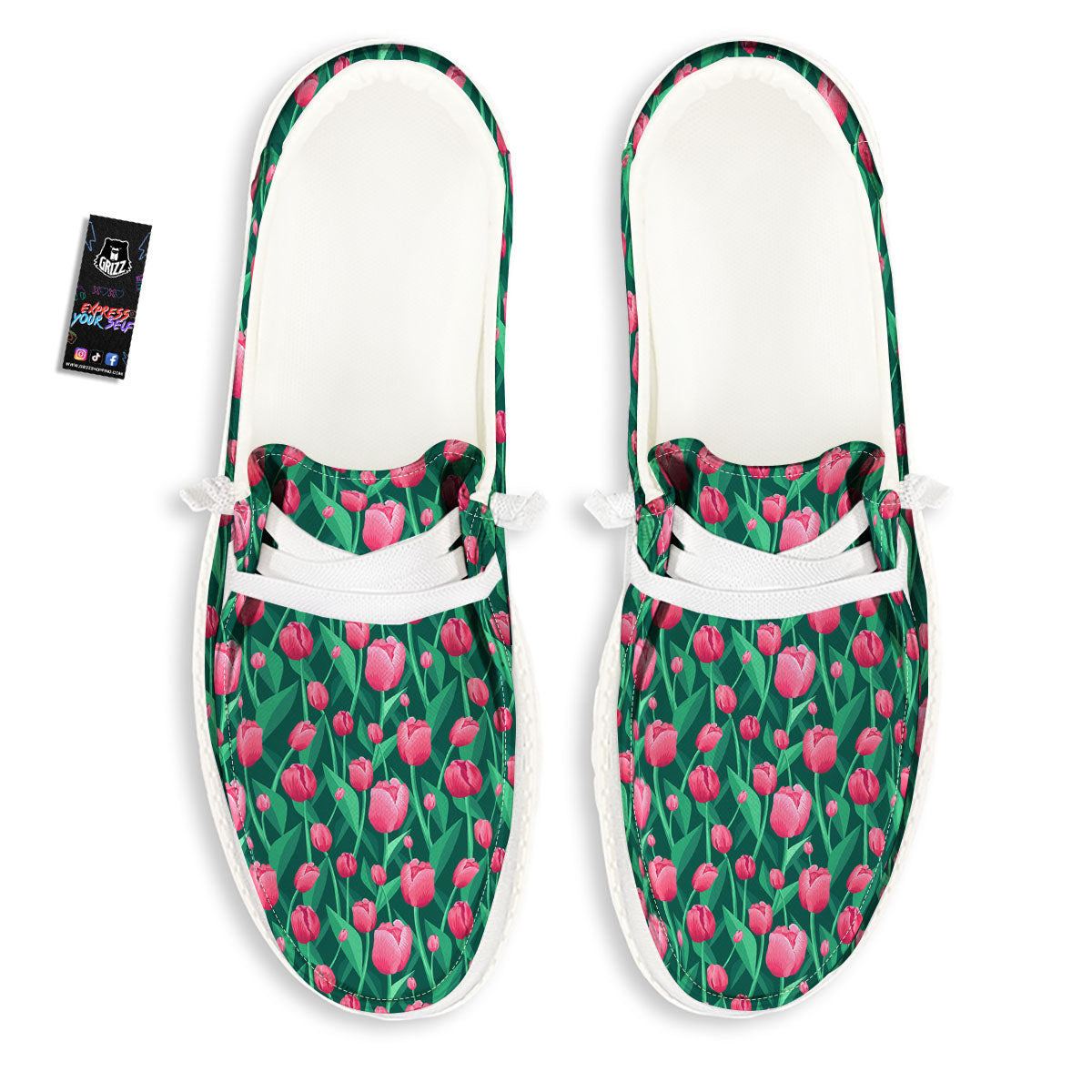 Tulip Pink Print Pattern Black Loafers-grizzshop