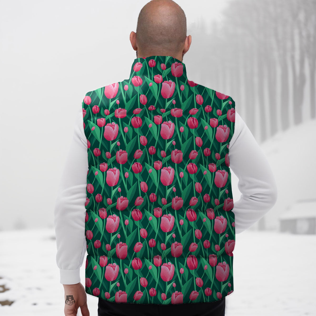 Tulip Pink Print Pattern Down Vest-grizzshop