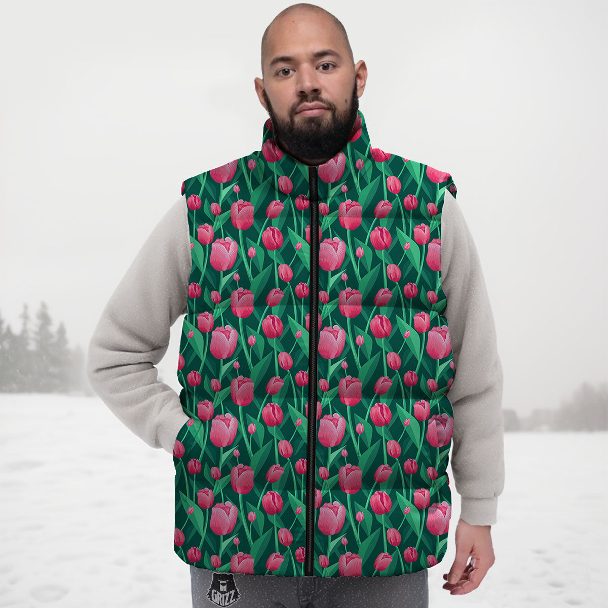 Tulip Pink Print Pattern Down Vest-grizzshop