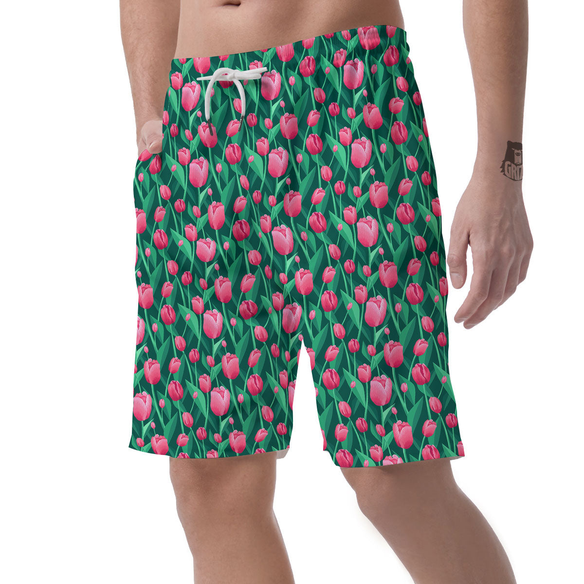 Tulip Pink Print Pattern Men's Shorts-grizzshop