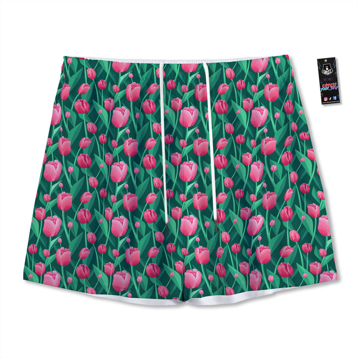 Tulip Pink Print Pattern Mesh Shorts-grizzshop
