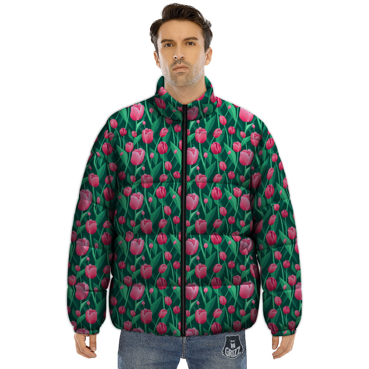 Tulip Pink Print Pattern Puffer Jacket-grizzshop