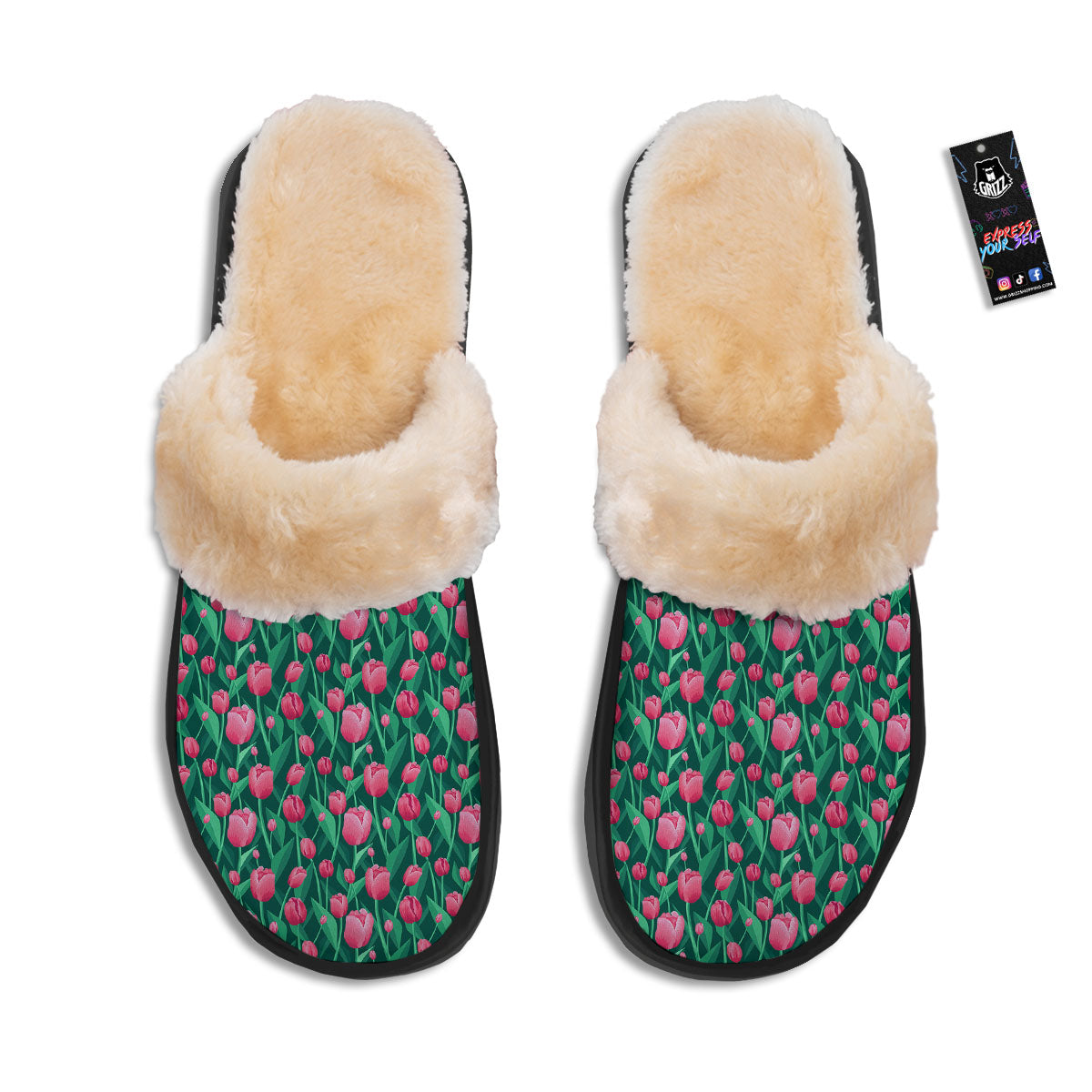 Tulip Pink Print Pattern Slippers-grizzshop