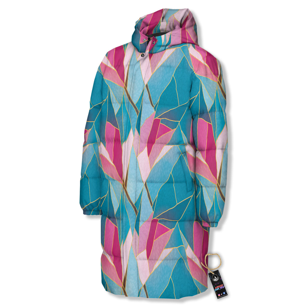 Tulip Polygon Print Pattern Long Down Jacket-grizzshop