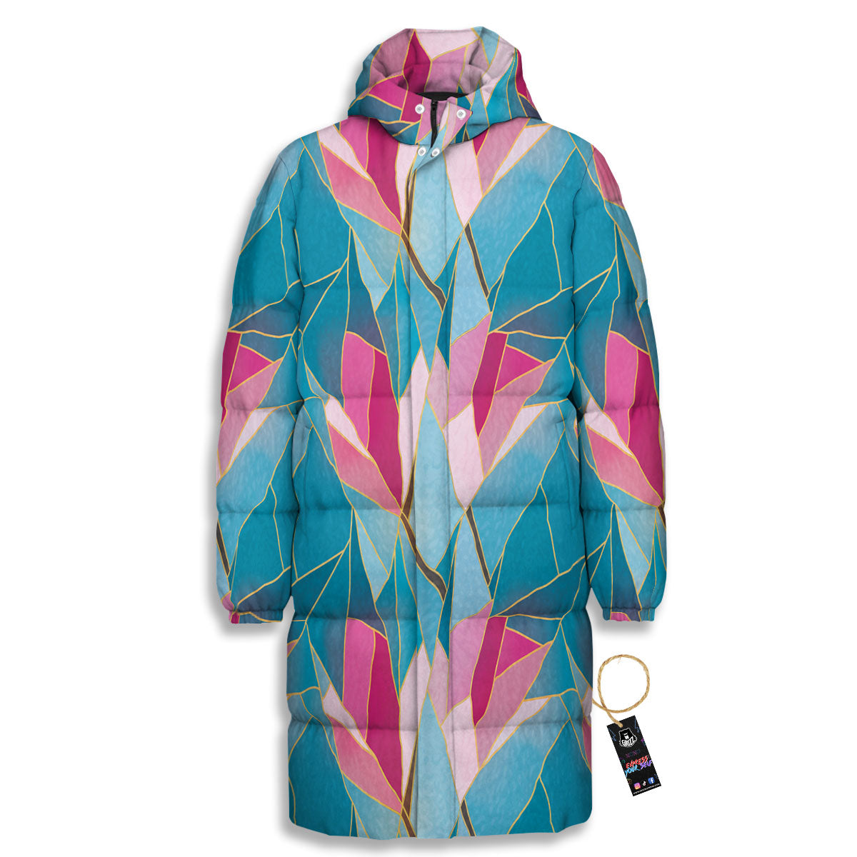 Tulip Polygon Print Pattern Long Down Jacket-grizzshop