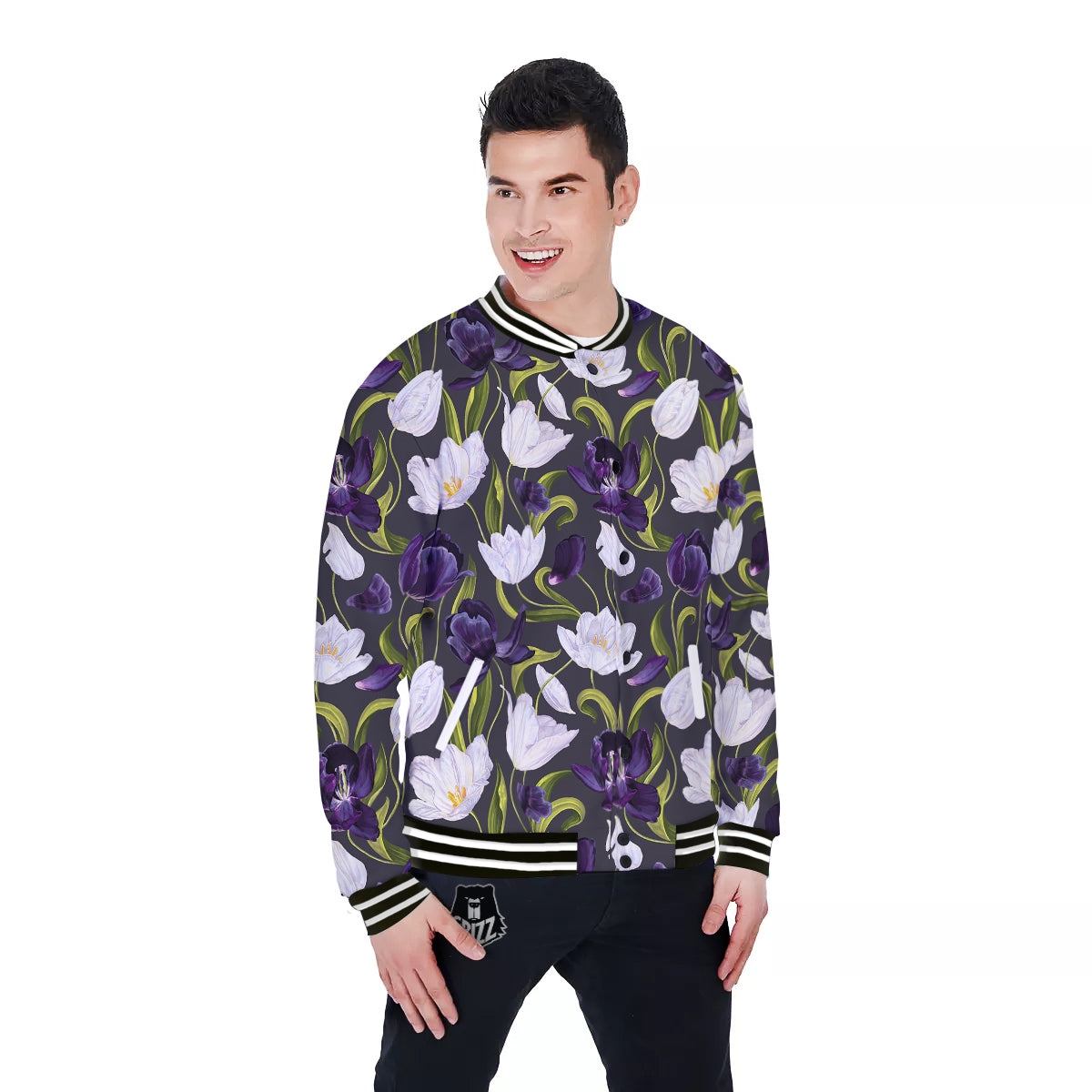 Tulip Purple And White Print Pattern Baseball Jacket-grizzshop