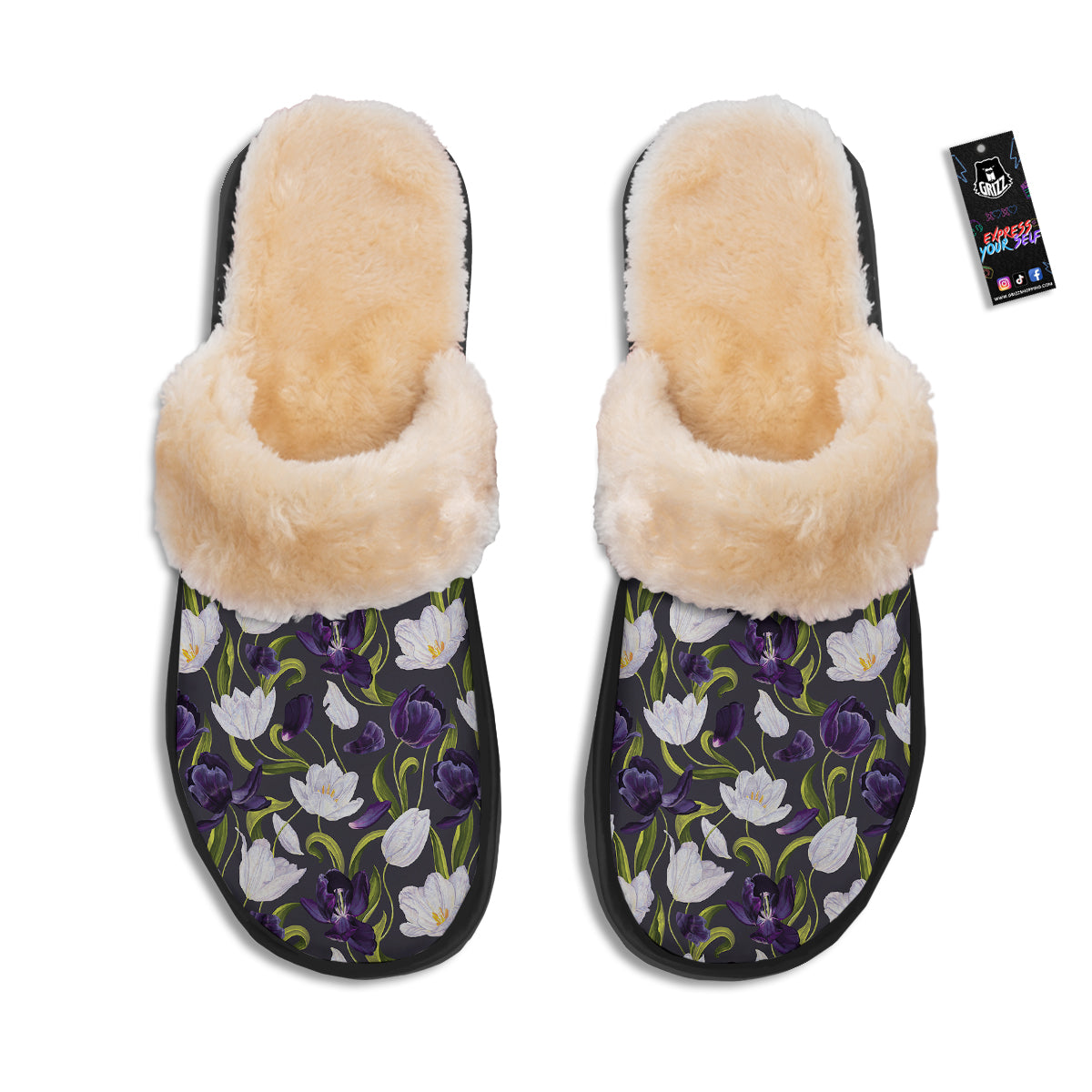 Tulip Purple And White Print Pattern Slippers-grizzshop