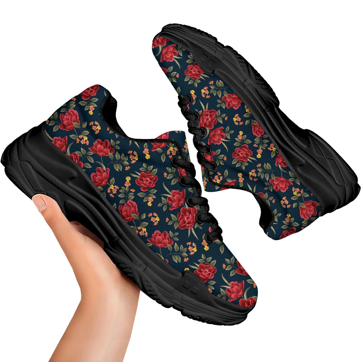 Tulip Red Print Pattern Black Chunky Shoes-grizzshop