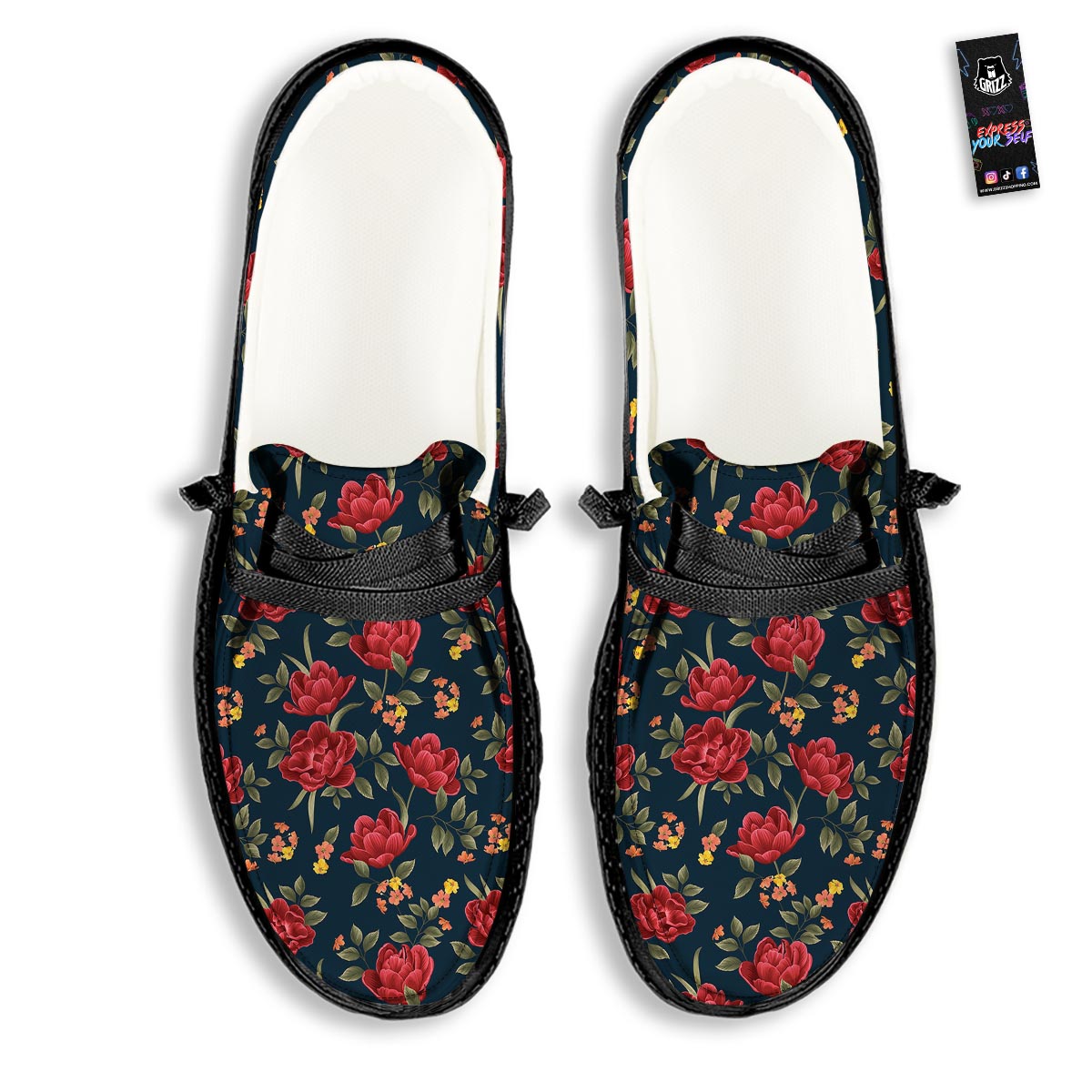 Tulip Red Print Pattern Black Loafers-grizzshop
