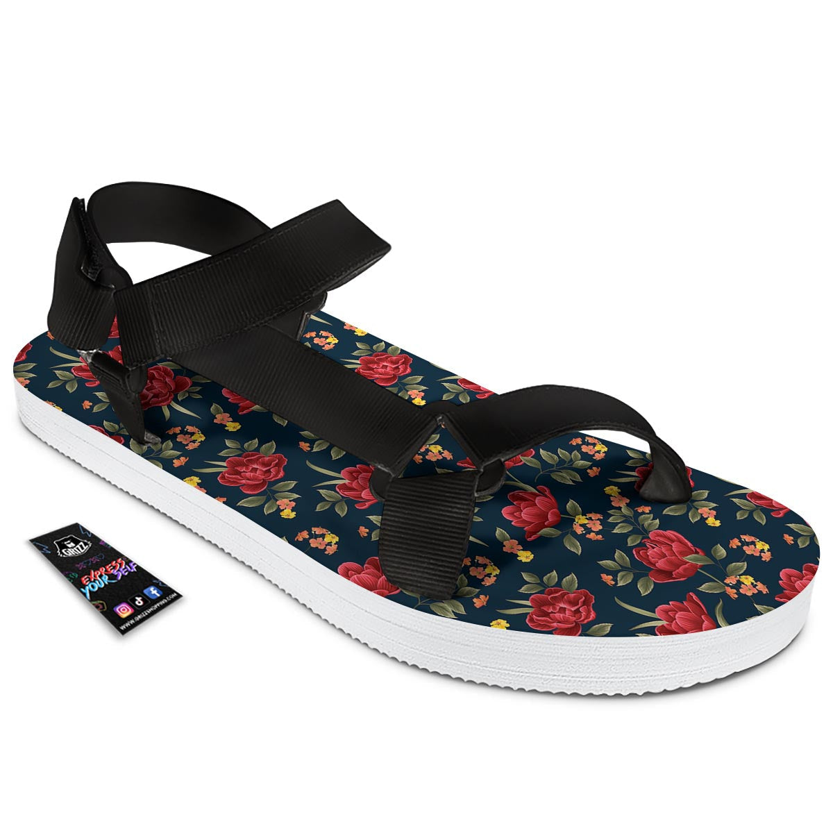 Tulip Red Print Pattern Black Open Toe Sandals-grizzshop