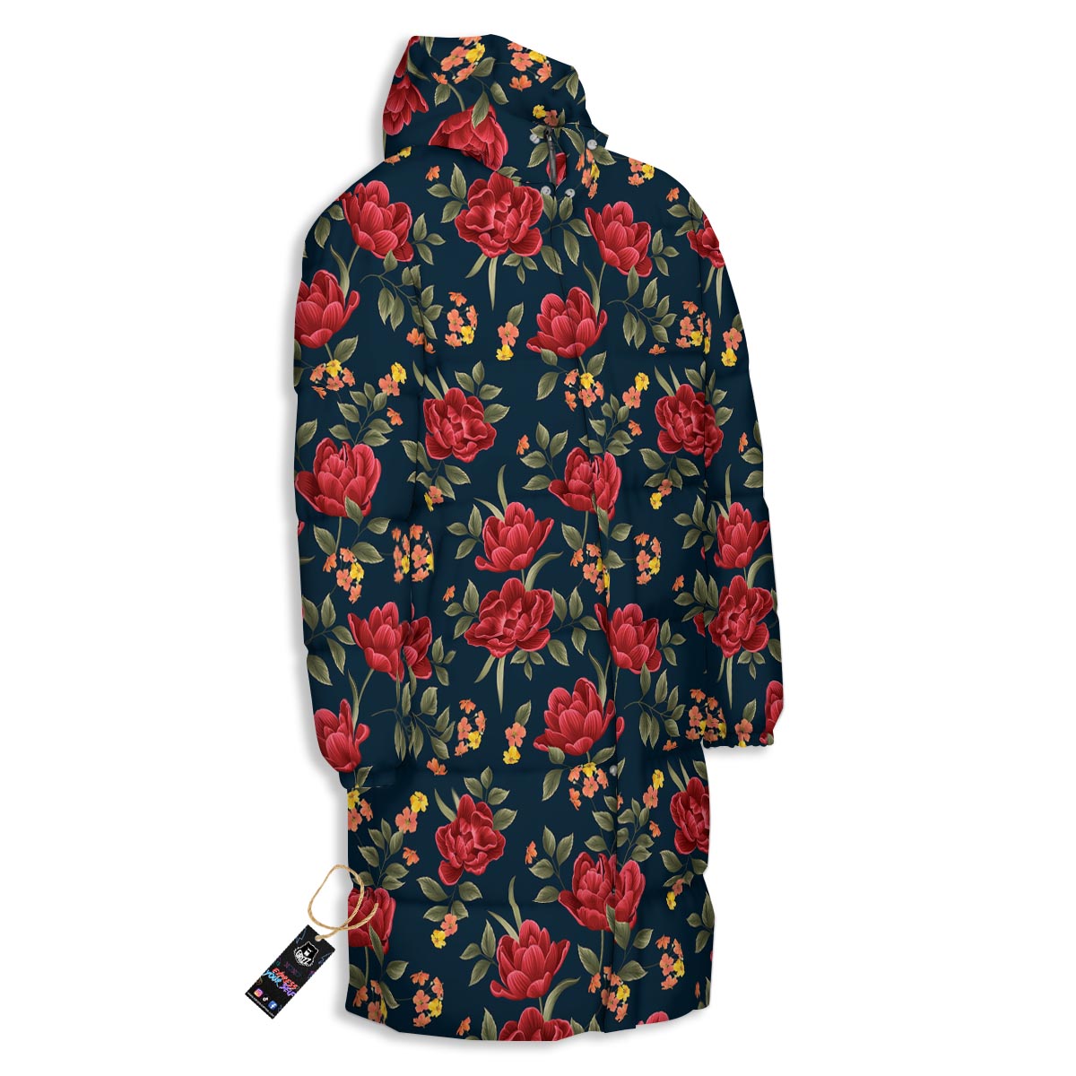 Tulip Red Print Pattern Long Down Jacket-grizzshop