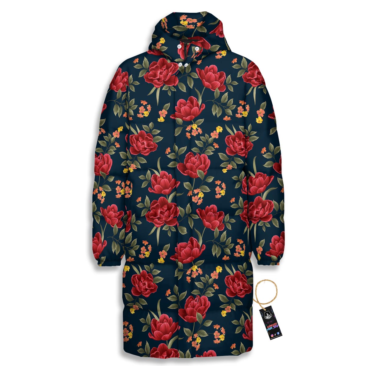 Tulip Red Print Pattern Long Down Jacket-grizzshop