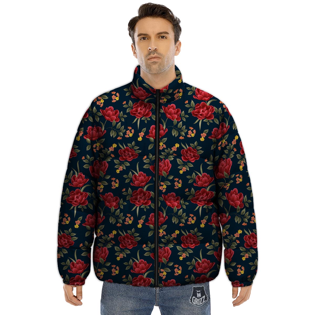 Tulip Red Print Pattern Puffer Jacket-grizzshop