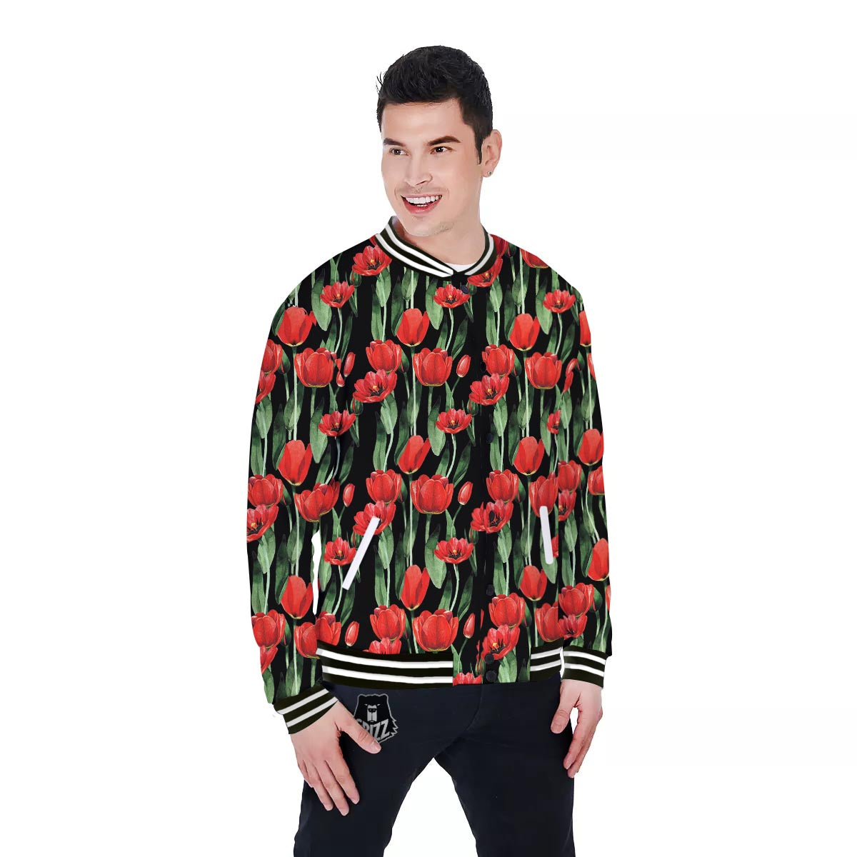 Tulip Red Watercolor Print Pattern Baseball Jacket-grizzshop