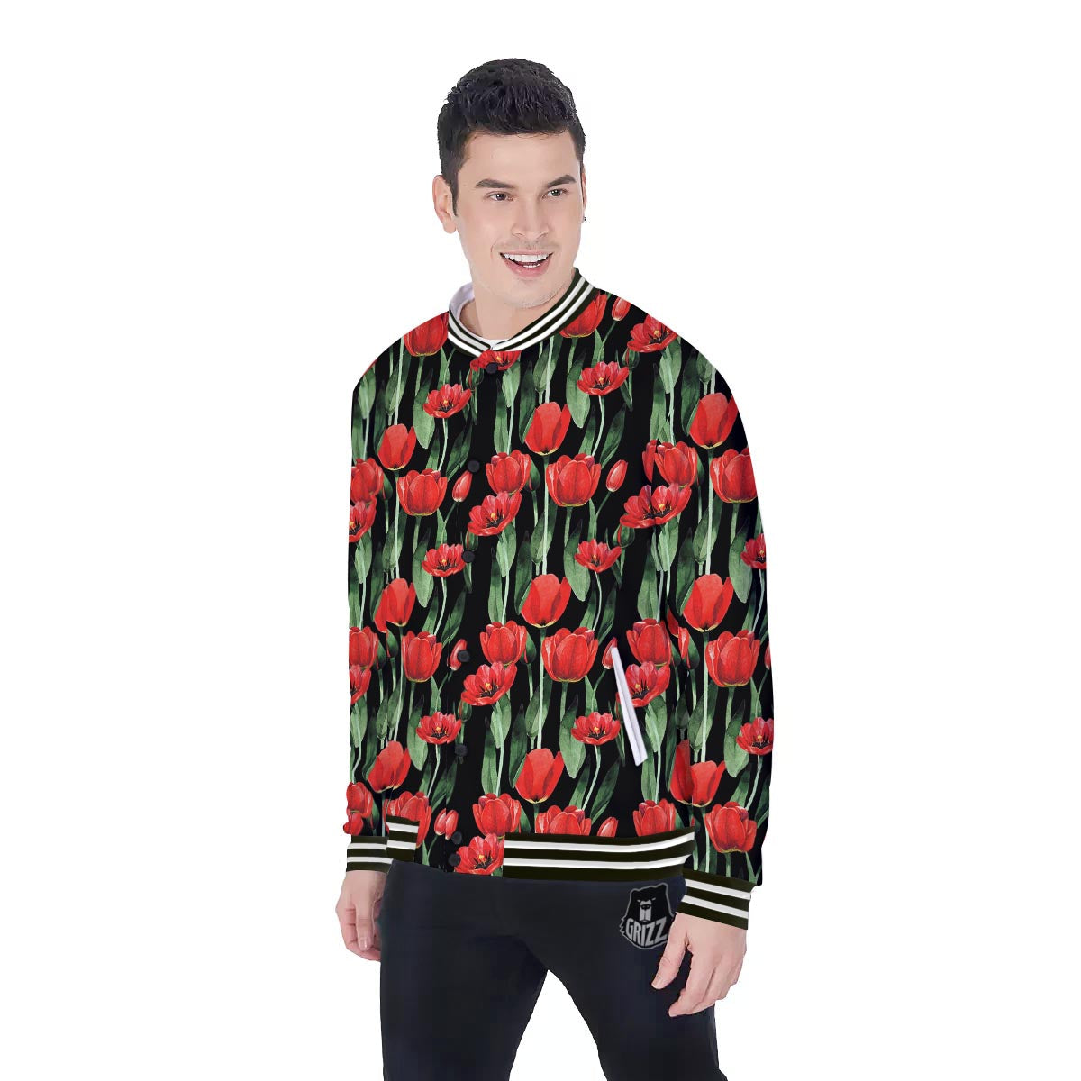 Tulip Red Watercolor Print Pattern Baseball Jacket-grizzshop