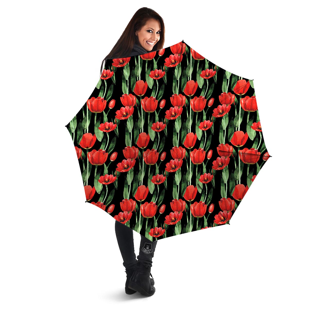 Tulip Red Watercolor Print Pattern Umbrella-grizzshop