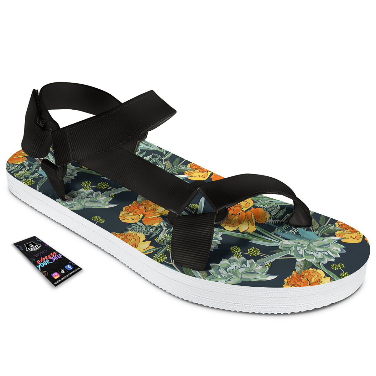 Tulip Spring Yellow Print Pattern Black Open Toe Sandals-grizzshop