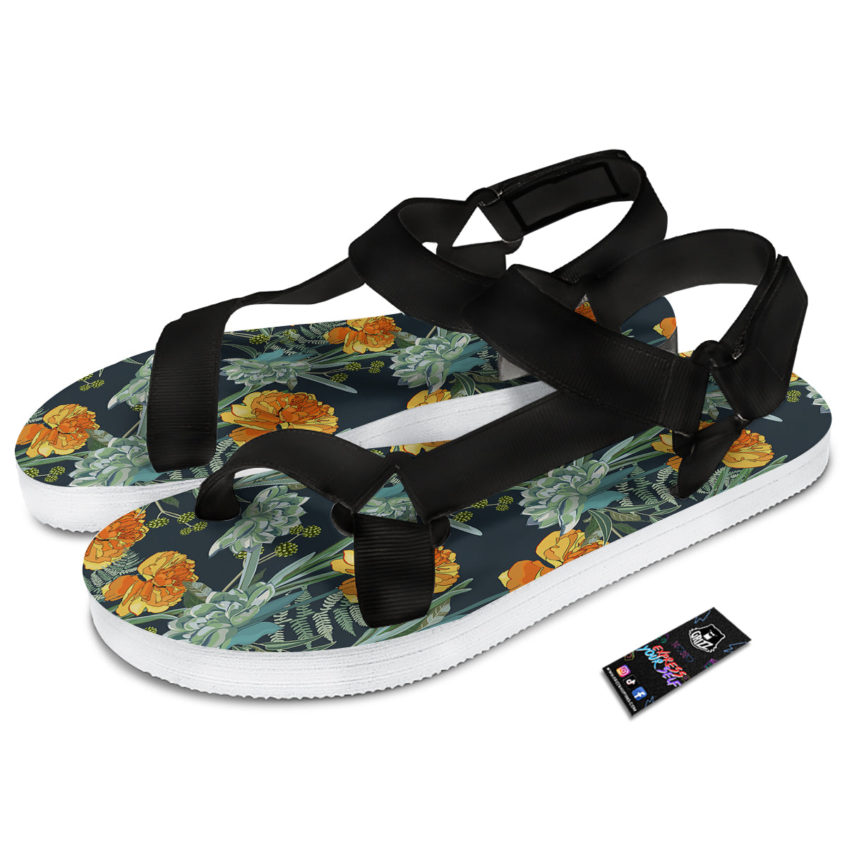 Tulip Spring Yellow Print Pattern Black Open Toe Sandals-grizzshop