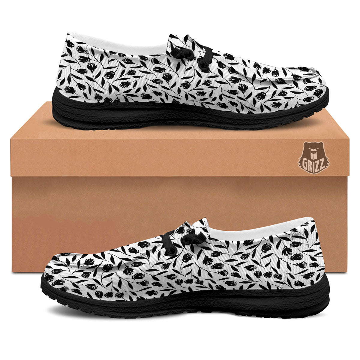 Tulip White And Black Print Pattern Black Loafers-grizzshop