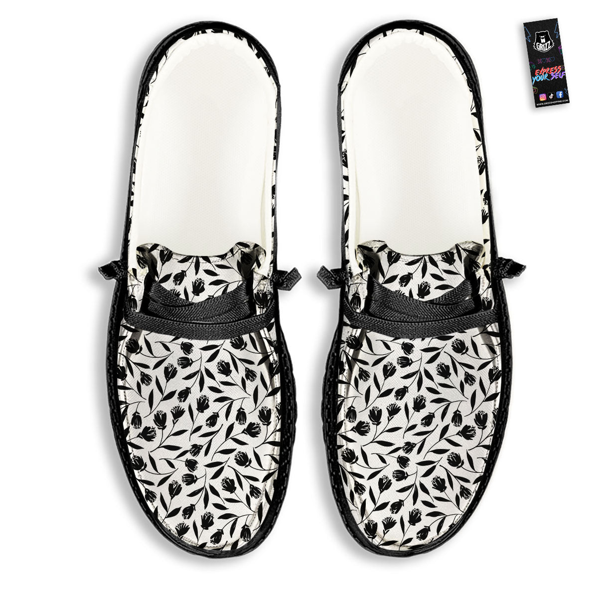 Tulip White And Black Print Pattern Black Loafers-grizzshop