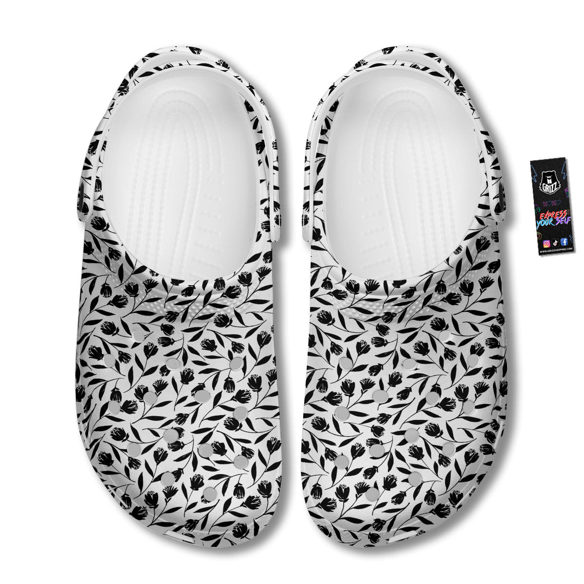 Tulip White And Black Print Pattern Clog-grizzshop
