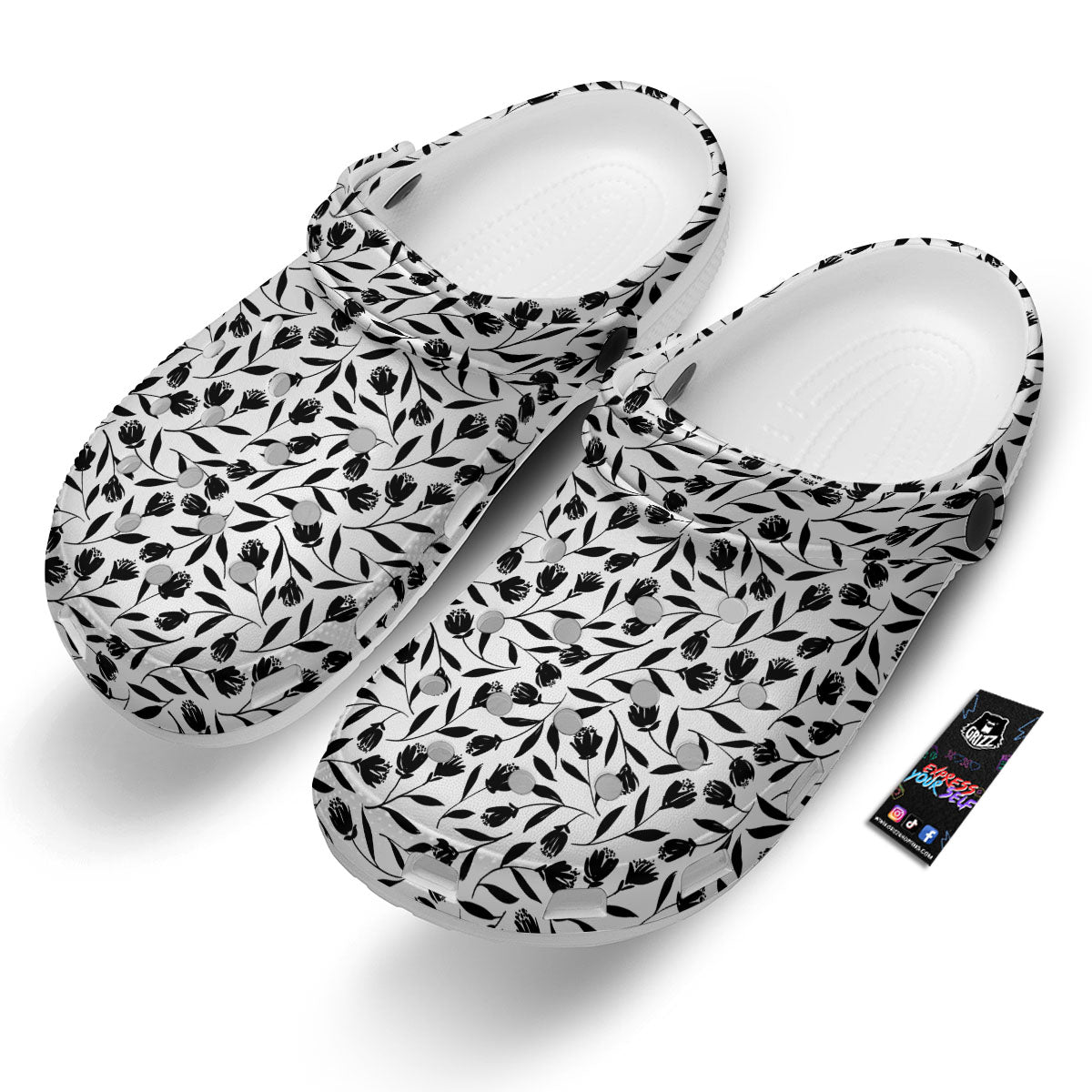 Tulip White And Black Print Pattern Clog-grizzshop