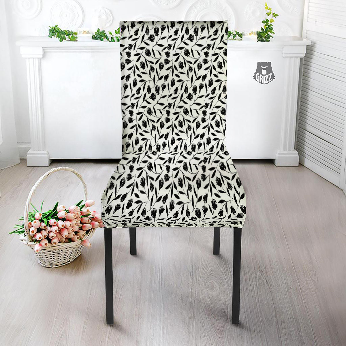 Tulip White And Black Print Pattern Dining Chair Slipcover-grizzshop