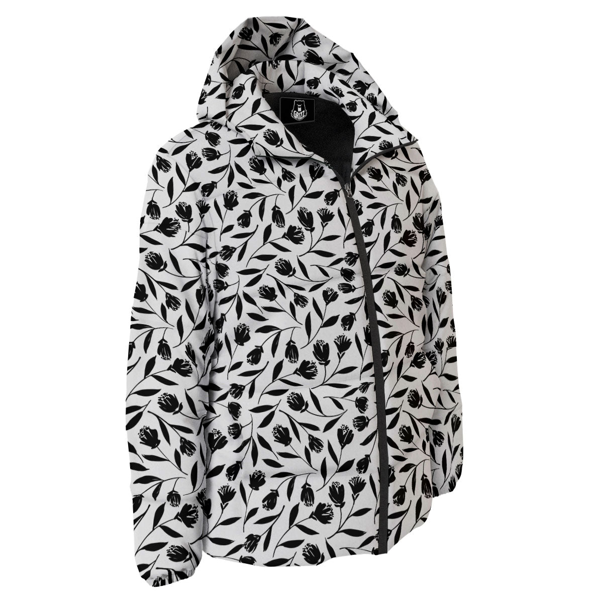Tulip White And Black Print Pattern Down Jacket-grizzshop