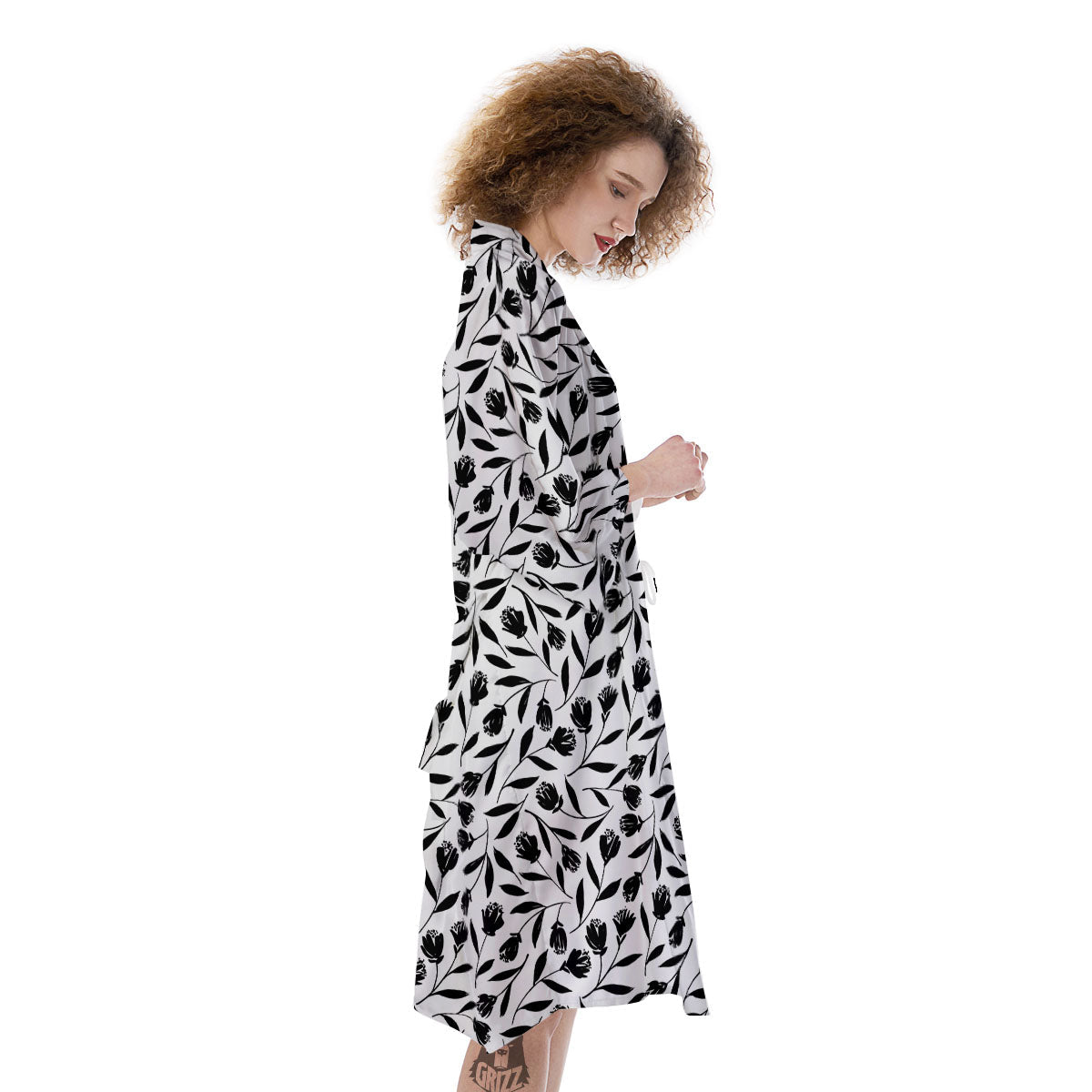 Tulip White And Black Print Pattern Kimono-grizzshop