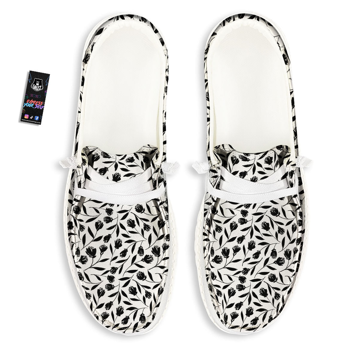 Tulip White And Black Print Pattern White Loafers-grizzshop