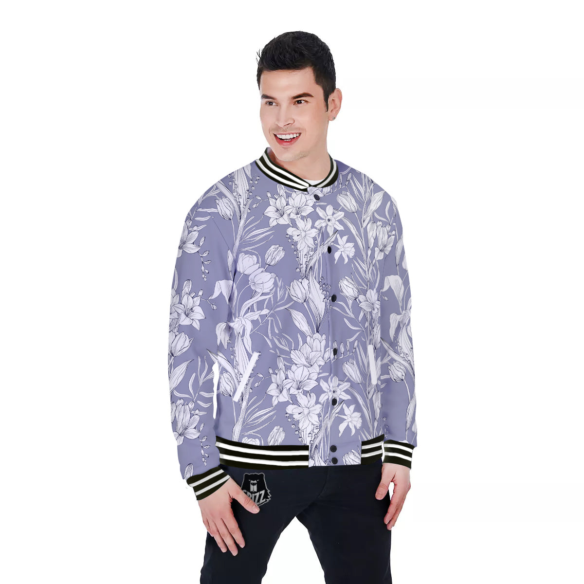 Tulip White Print Pattern Baseball Jacket-grizzshop