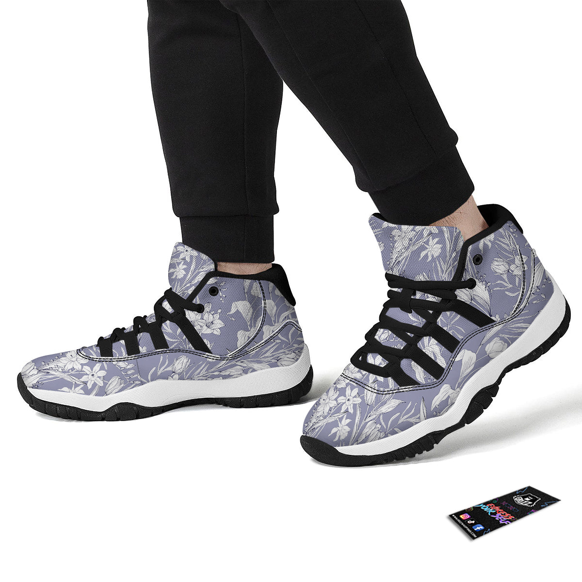 Tulip White Print Pattern Black Bball Shoes-grizzshop