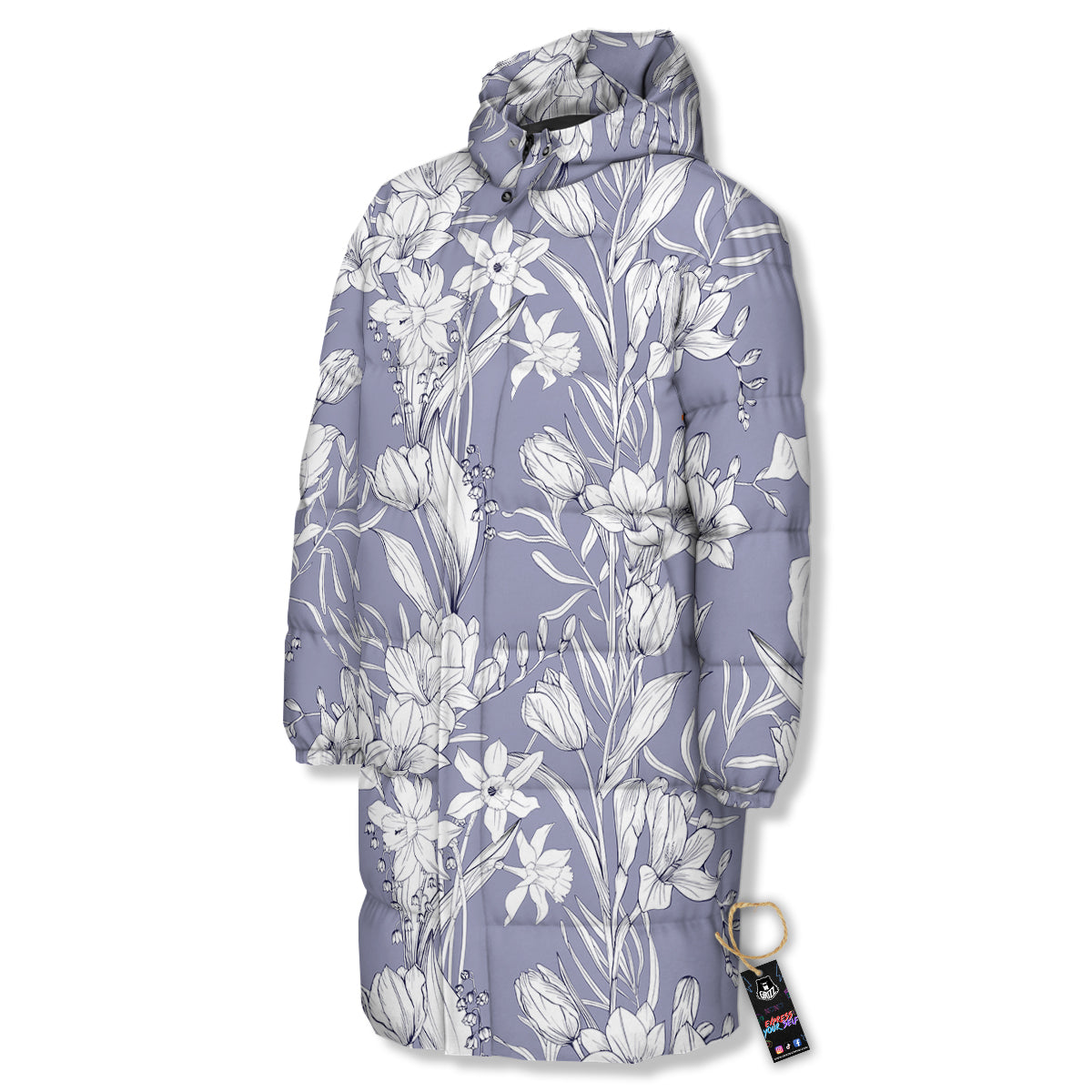 Tulip White Print Pattern Long Down Jacket-grizzshop