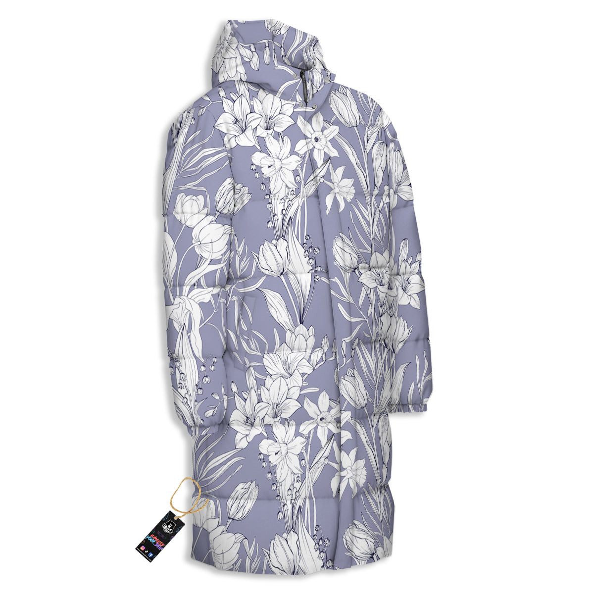 Tulip White Print Pattern Long Down Jacket-grizzshop