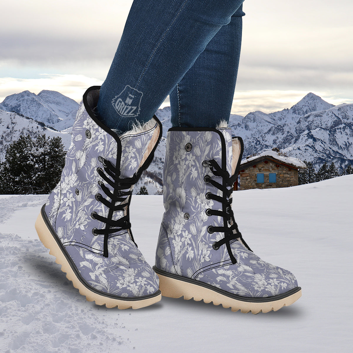 Tulip White Print Pattern Snow Boots-grizzshop