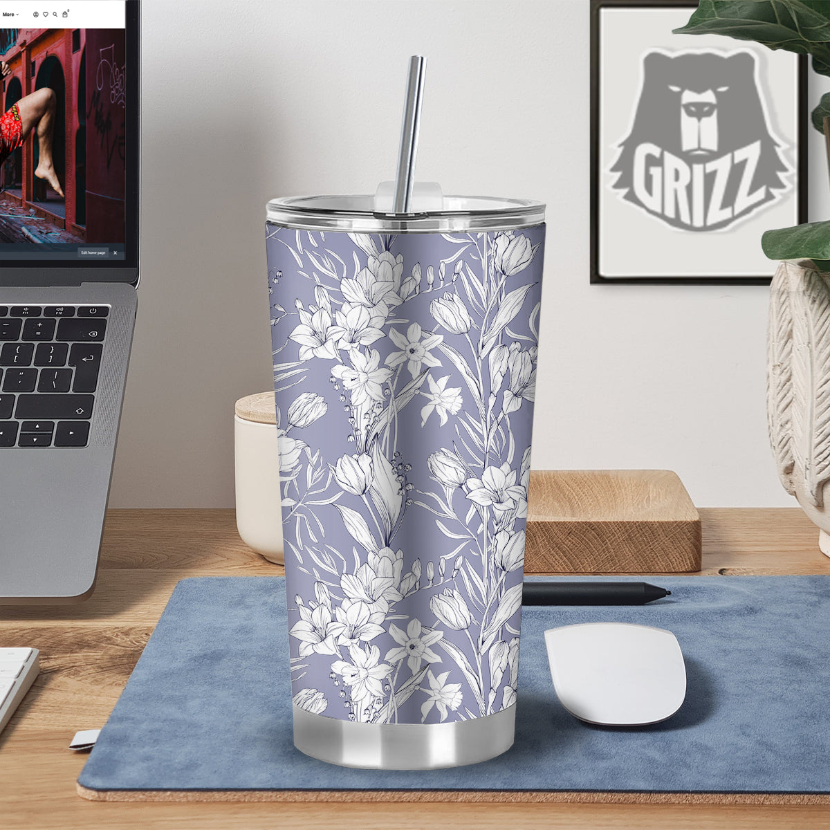 Tulip White Print Pattern Tumbler-grizzshop