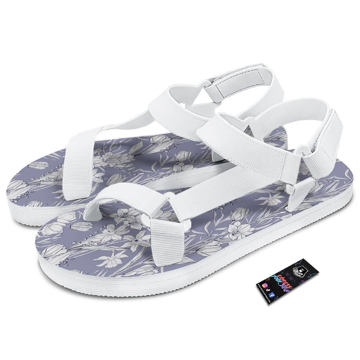 Tulip White Print Pattern White Open Toe Sandals-grizzshop