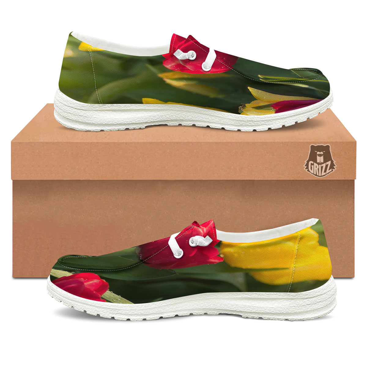 Tulip Yellow And Red Print Black Loafers-grizzshop