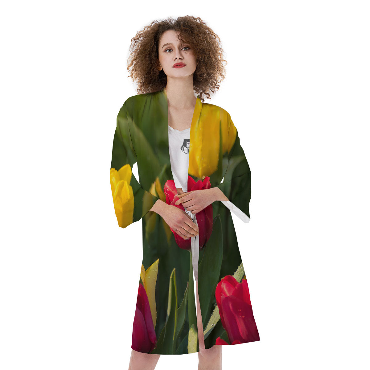 Tulip Yellow And Red Print Kimono-grizzshop