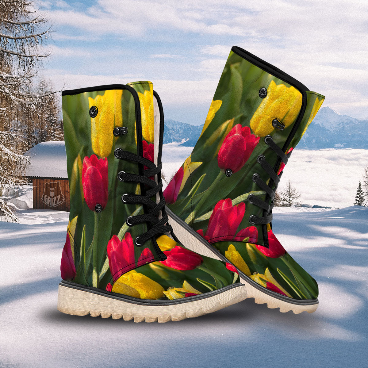 Tulip Yellow And Red Print Snow Boots-grizzshop