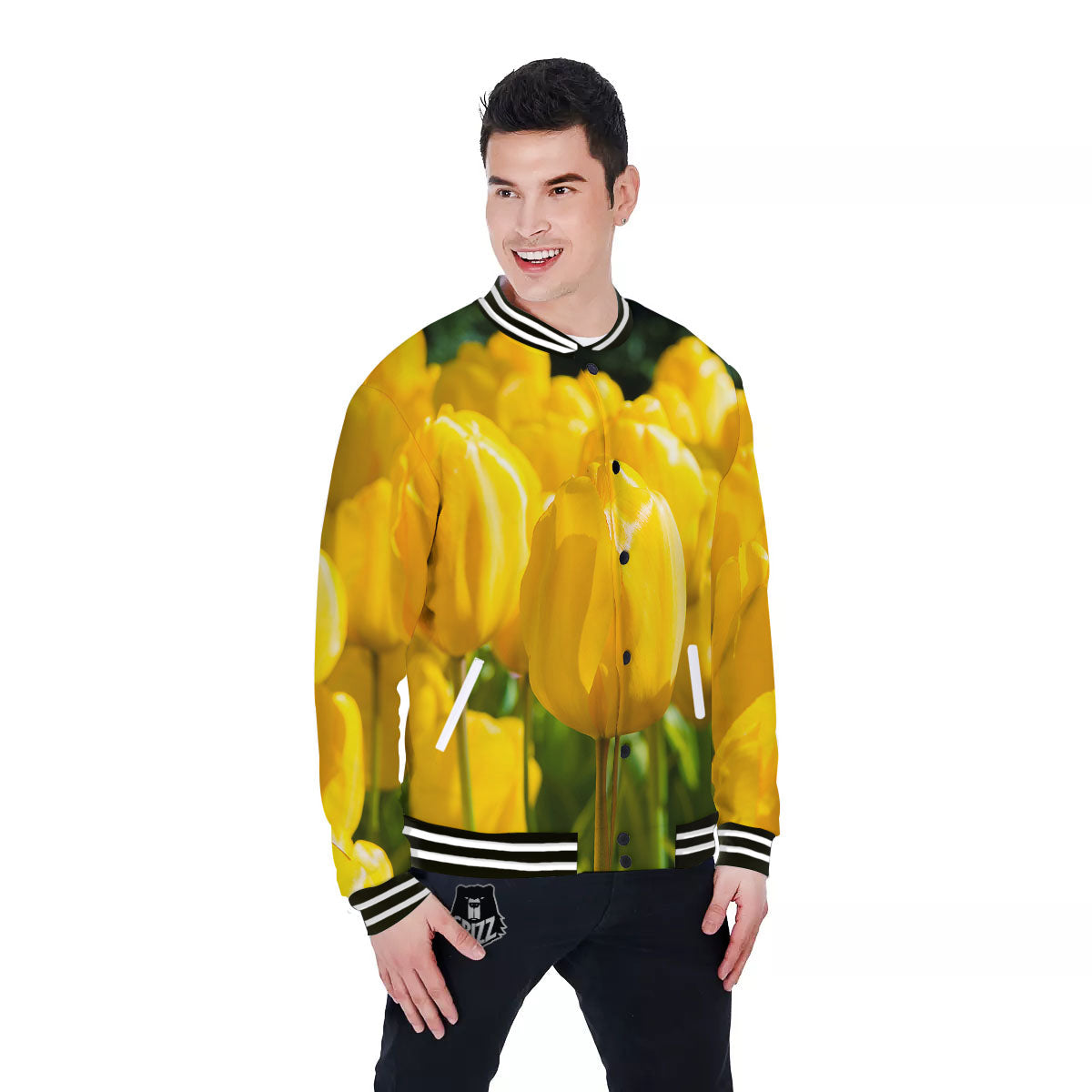 Tulip Yellow Print Baseball Jacket-grizzshop