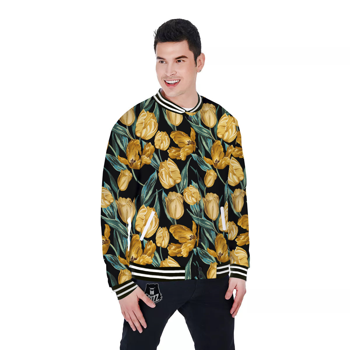 Tulip Yellow Print Pattern Baseball Jacket-grizzshop