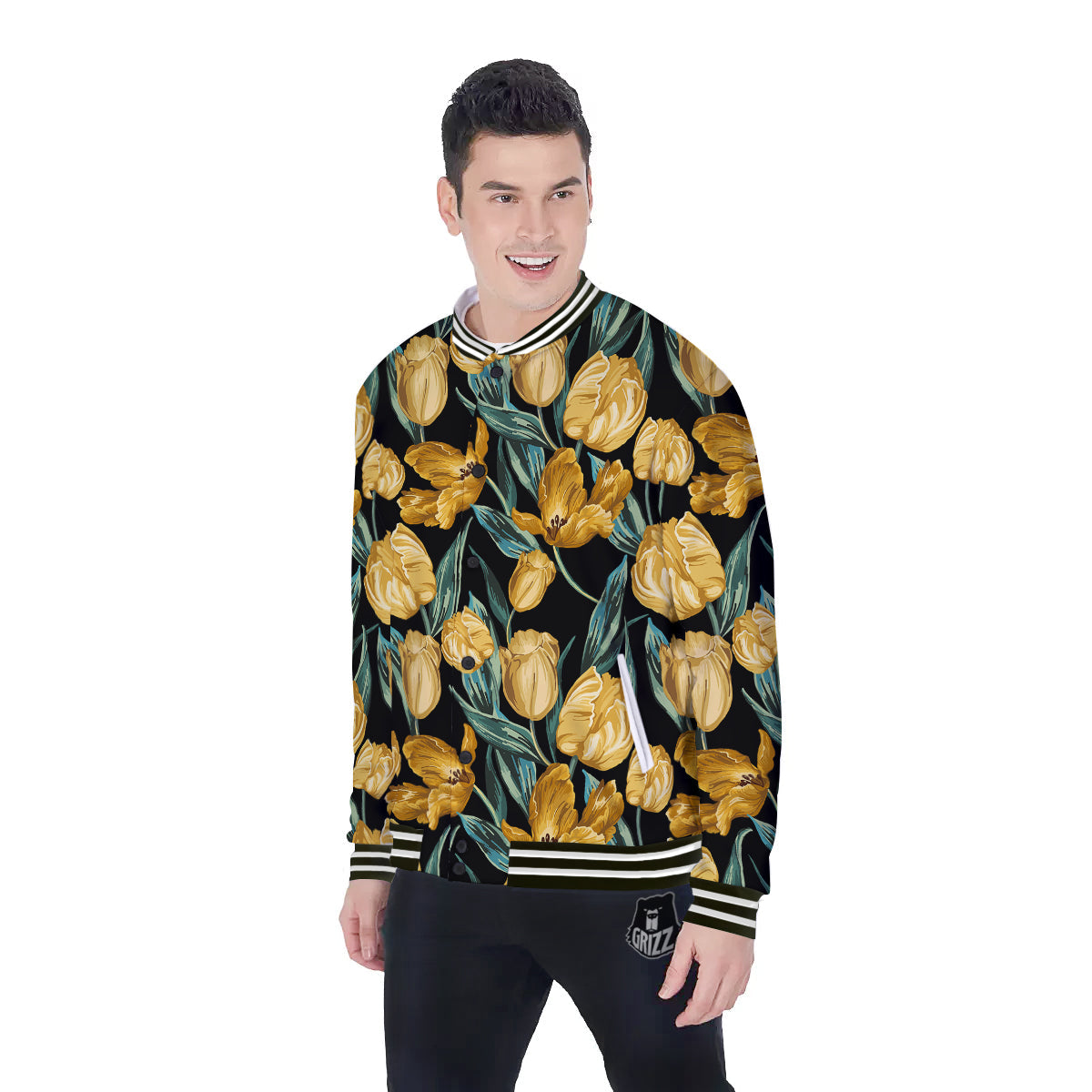 Tulip Yellow Print Pattern Baseball Jacket-grizzshop