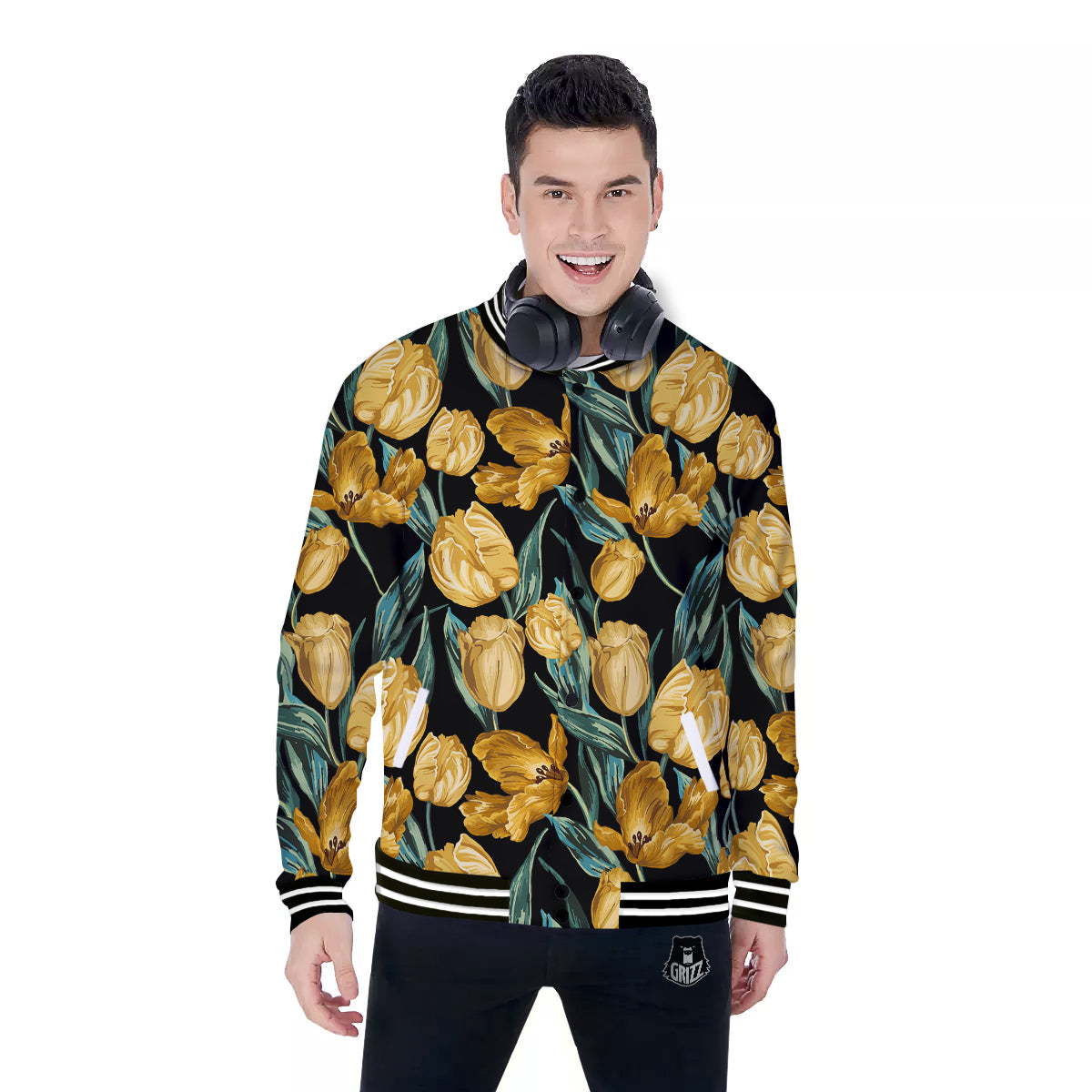 Tulip Yellow Print Pattern Baseball Jacket-grizzshop
