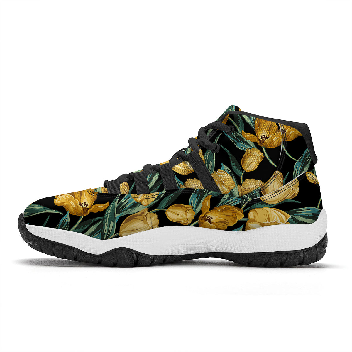 Tulip Yellow Print Pattern Black Bball Shoes-grizzshop